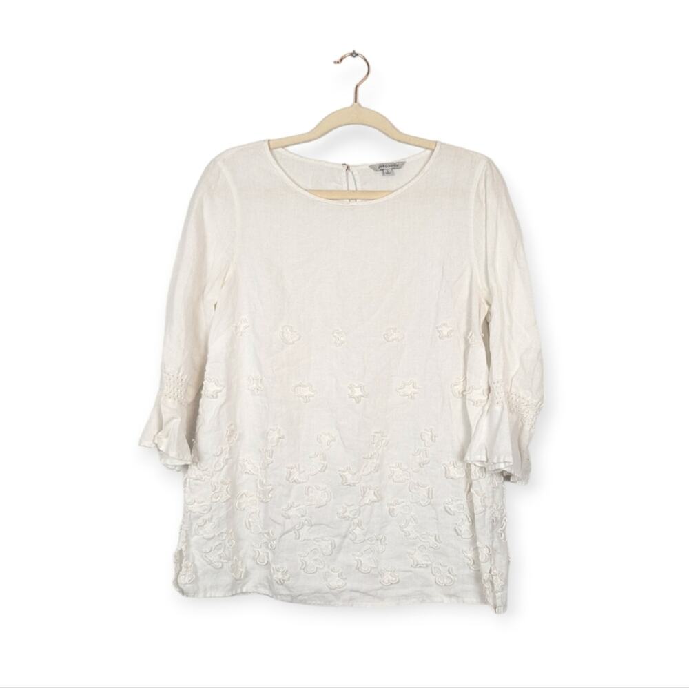 John Mark White Linen Crochet Flower Popover Blouse